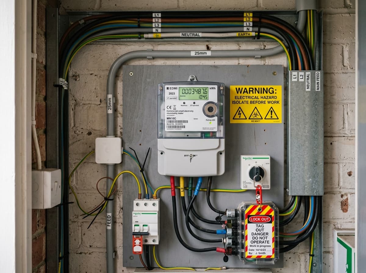 Commercial electricity meter in meter cupboard